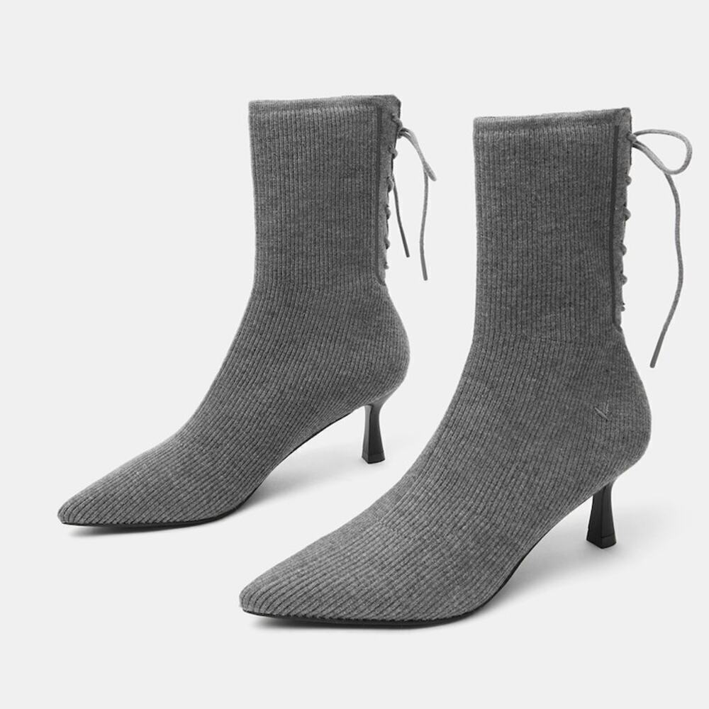 Vivaia Pointed-Toe Lace-Up Heels Booties Gray Comfort Minimalist Size US 11-11.5